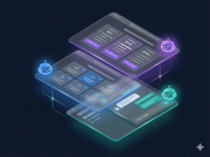 AI brain with multiple web pages orbiting around it, showing selective knowledge routing