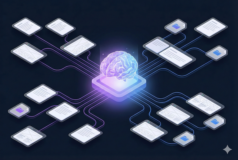 Documents and web pages flowing into a central AI knowledge hub